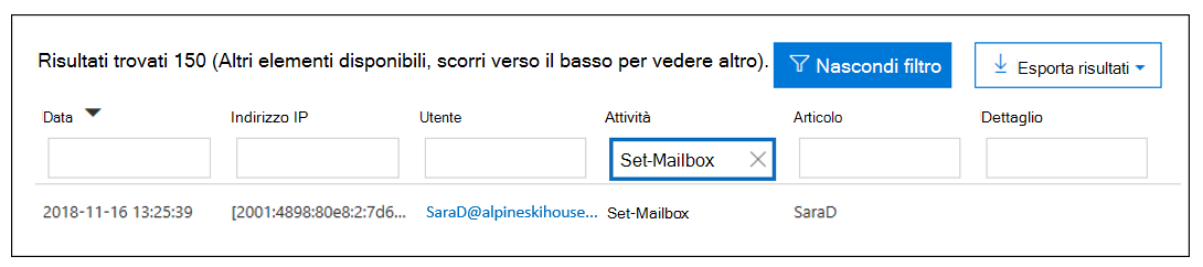 Screenshot che mostra la pagina dei risultati della ricerca con l'attività Set Mailbox evidenziata per filtrare i risultati.