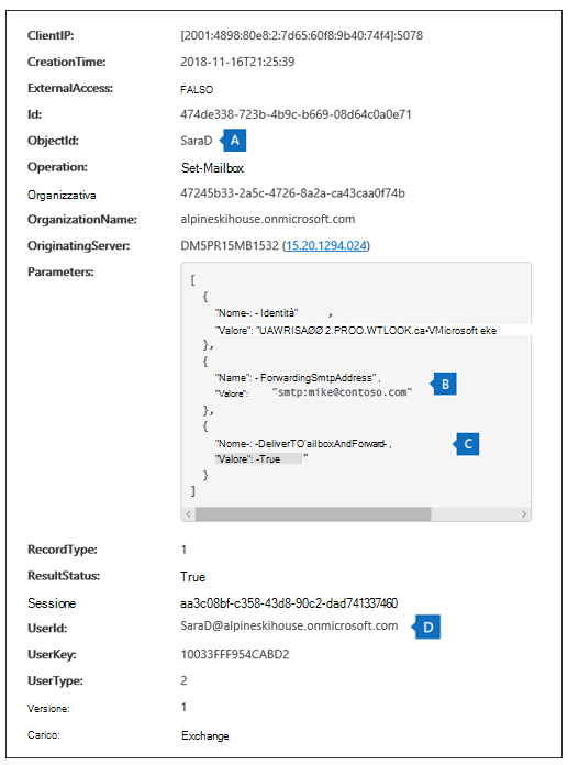 Screenshot della pagina dei risultati della ricerca dopo aver selezionato l'opzione Altre informazioni e con i campi del record di audit evidenziati.