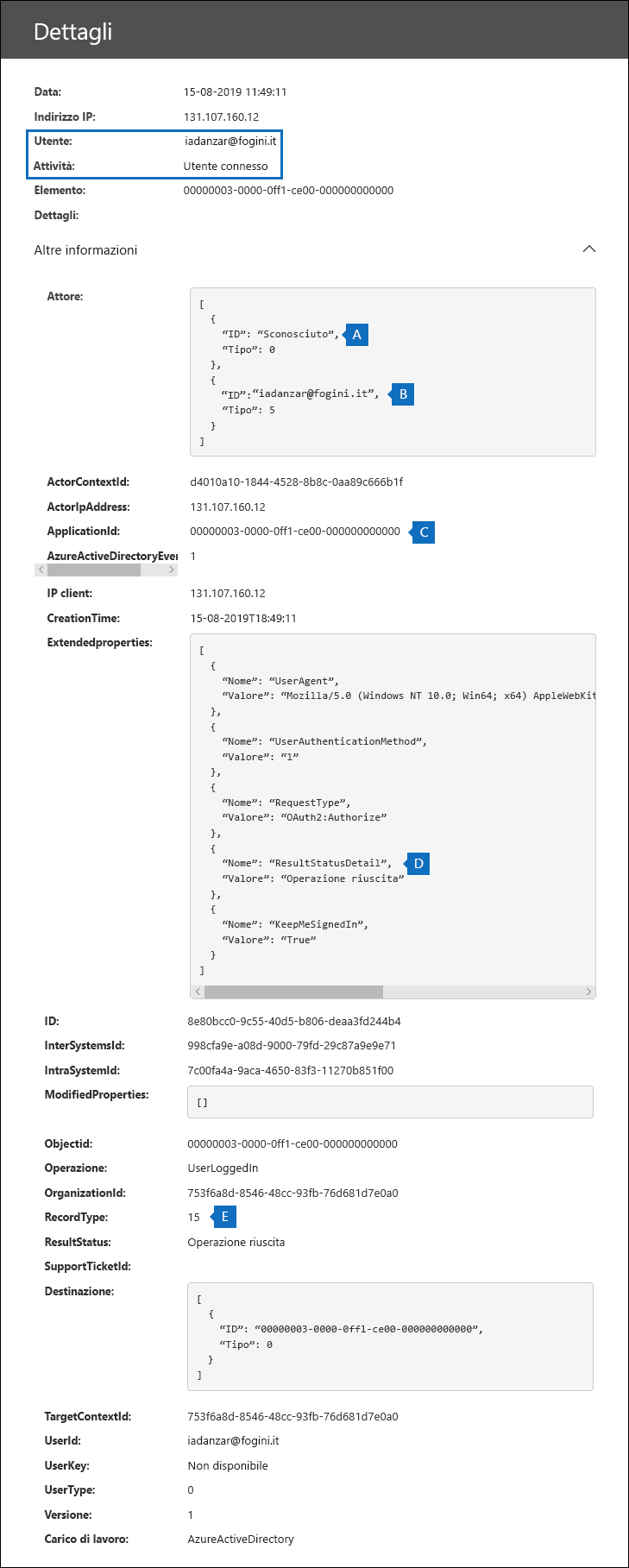 Screenshot di un record di controllo per un'autenticazione pass-through riuscita e con i campi selezionati evidenziati.