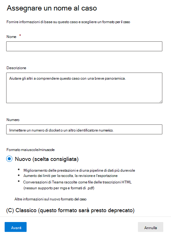 Schermata che mostra il modulo Nuovo caso eDiscovery.