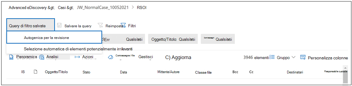 Screenshot di un insieme da rivedere che mostra l'opzione Query filtro salvate e l'opzione Da rivedere nel menu a discesa.