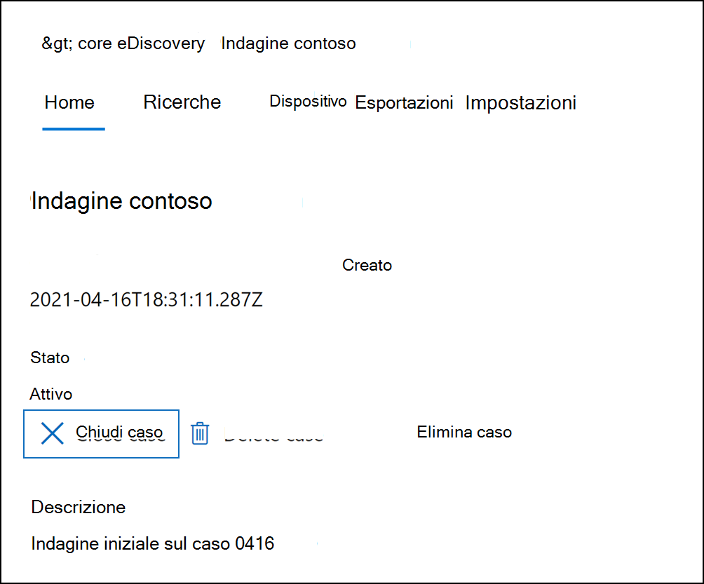 Screenshot della scheda Home del caso che mostra l'opzione Chiudi caso evidenziata.