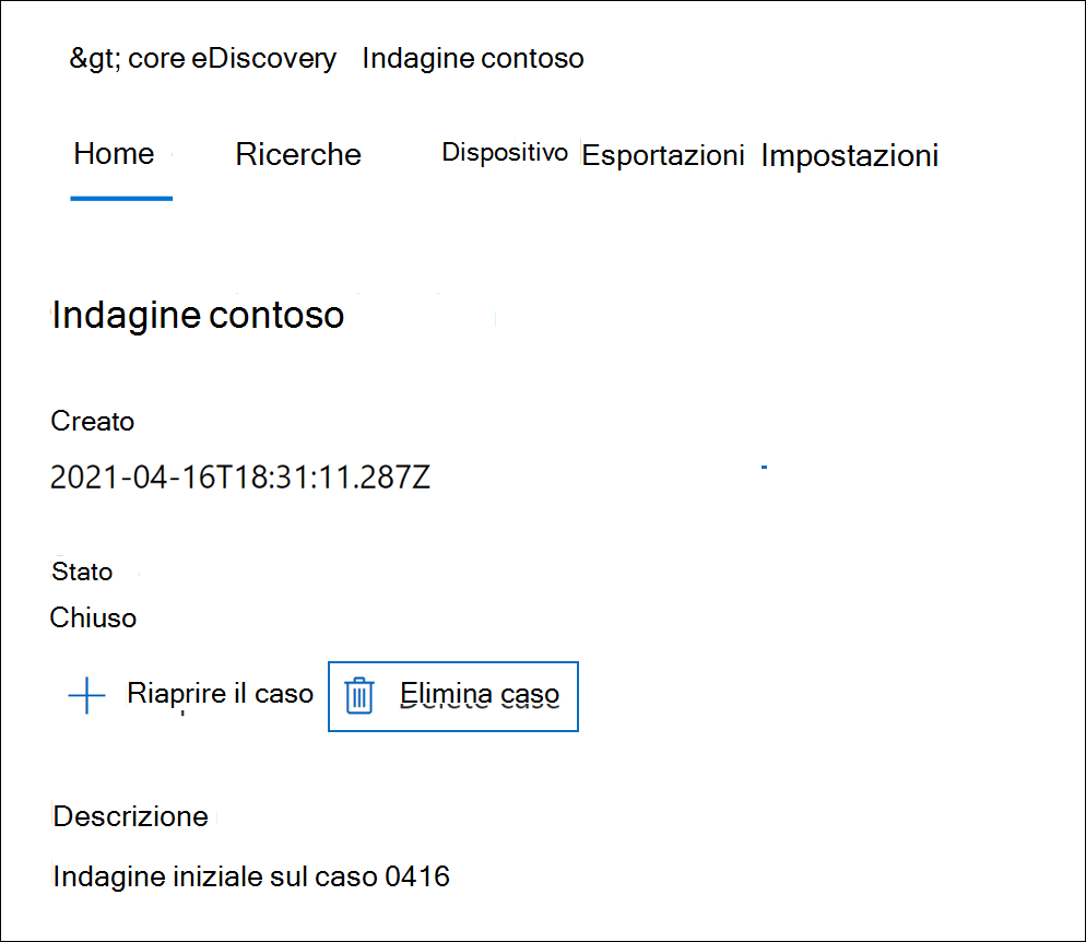 Screenshot della scheda Home del caso che mostra l'opzione Elimina caso evidenziata.