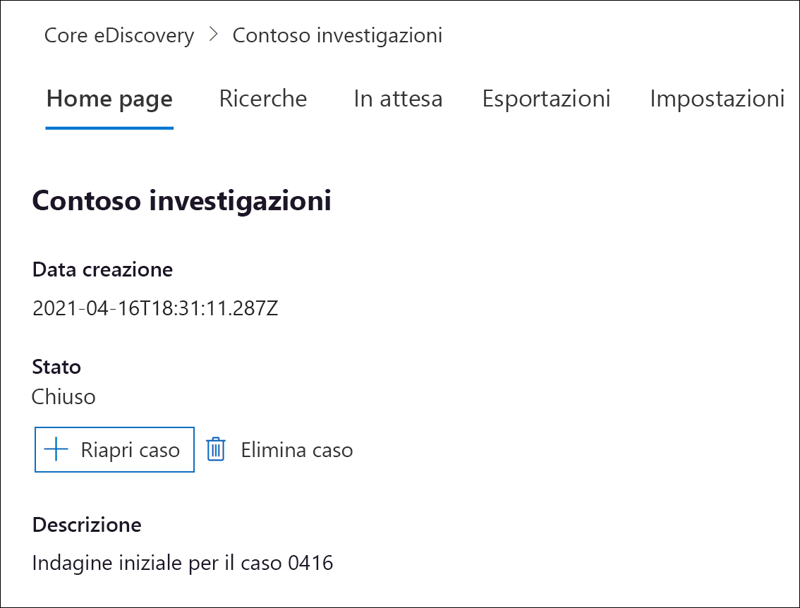 Screenshot della scheda Home del caso che mostra l'opzione Riapri caso evidenziata.