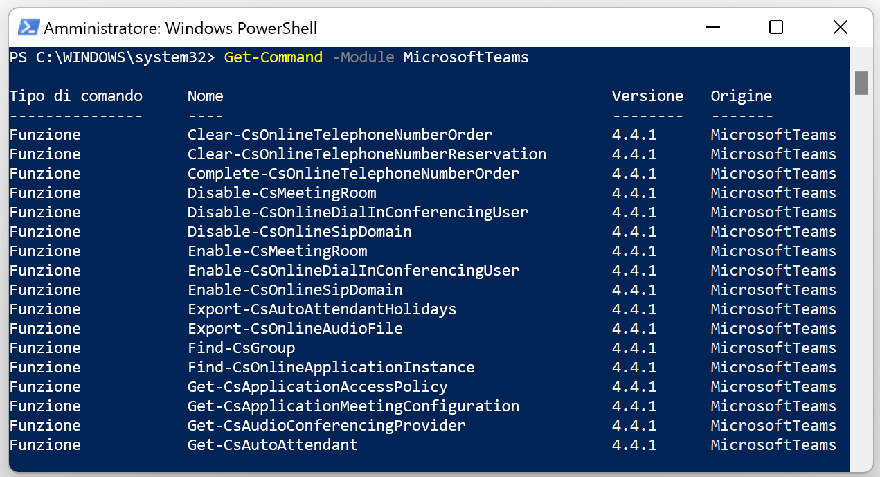 Screenshot della finestra di PowerShell