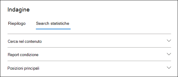 Screenshot di un caso standard di eDiscovery che mostra la scheda Statistiche della ricerca e i dettagli di una ricerca selezionata.