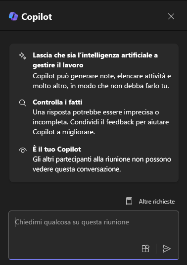 Screenshot del pannello chat di Copilot in Teams alla prima apertura.