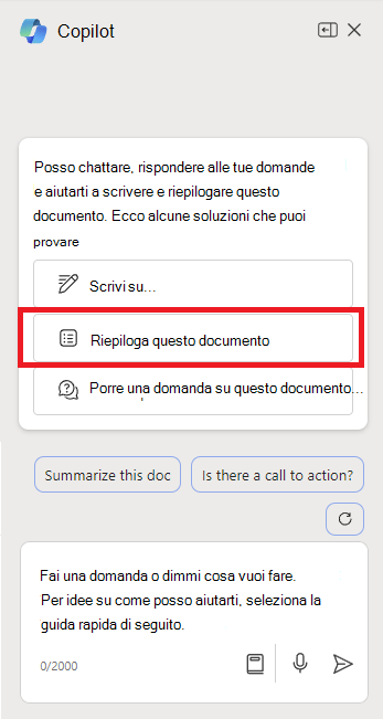 Screenshot del pannello Copilot in Word alla prima apertura.