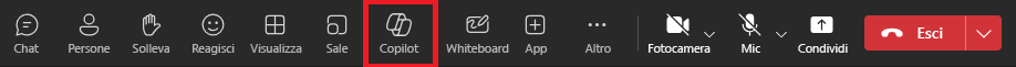 Screenshot dell'icona Copilot in una riunione di Teams.