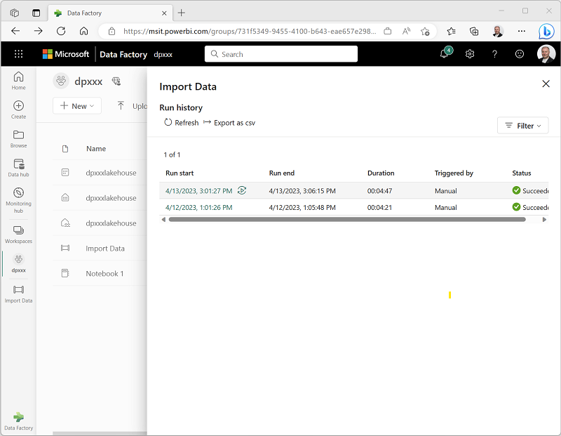 Screenshot della cronologia di esecuzione di una pipeline in Microsoft Fabric.