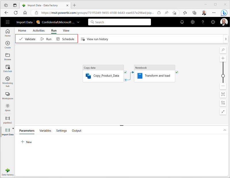 Screenshot di un menu Esegui per una pipeline in Microsoft Fabric.