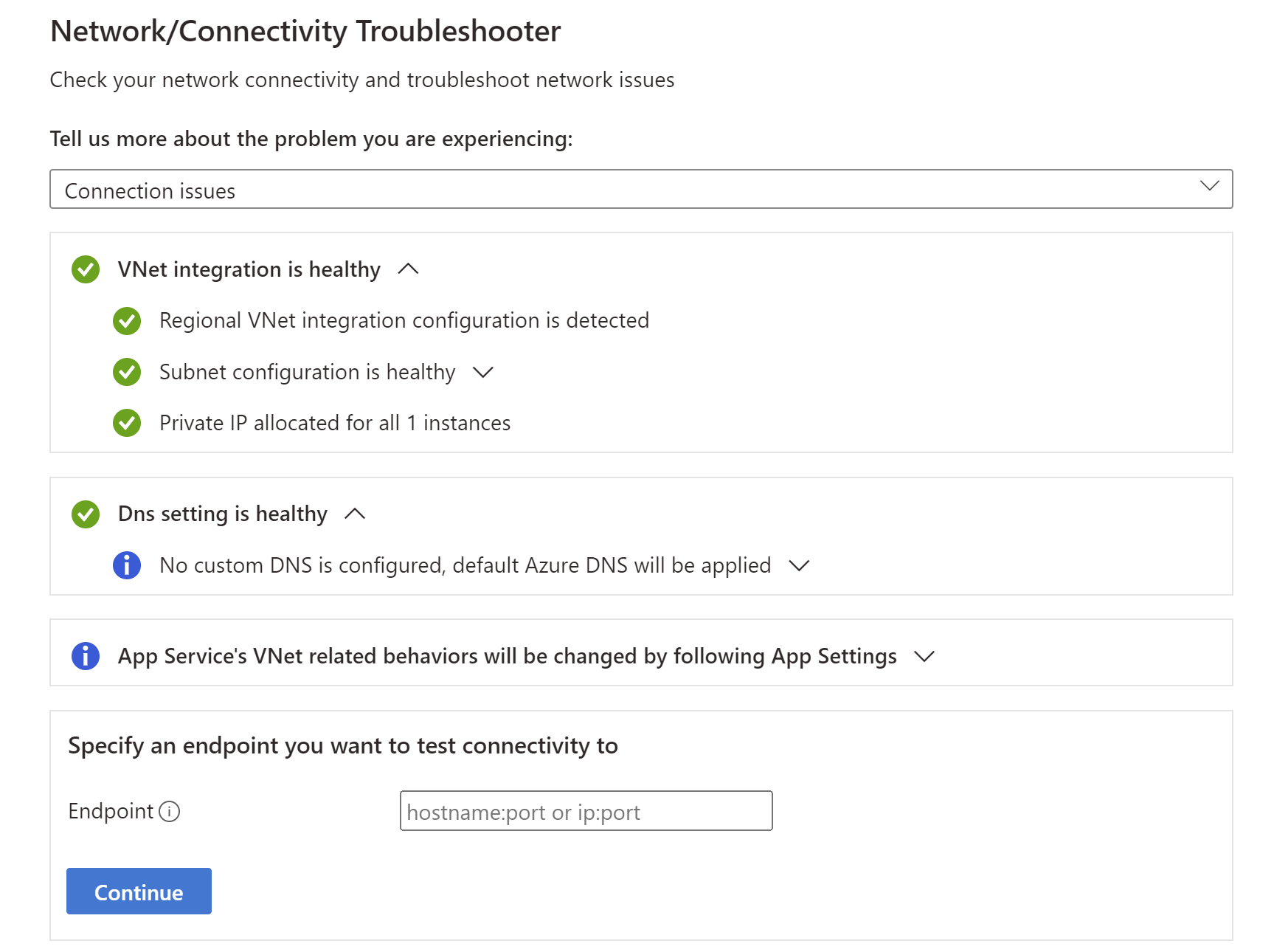 Screenshot che mostra lo strumento di risoluzione dei problemi di esecuzione per i problemi di connessione.