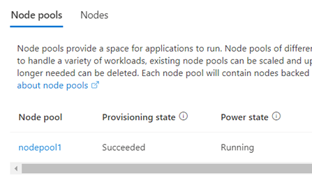 portale di Azure screenshot di un pool di nodi del cluster servizio Azure Kubernetes (A K S). Lo stato provisioning è Succeeded. Lo stato di Alimentazione è In esecuzione.