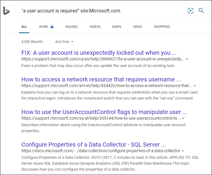 Screenshot dei risultati di ricerca di Microsoft.