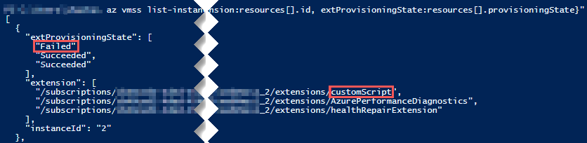 Screenshot dell'output che mostra lo stato di provisioning e i nomi delle estensioni corrispondenti.