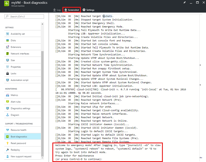 Screenshot della visualizzazione dei log della console di diagnostica di avvio di VM.