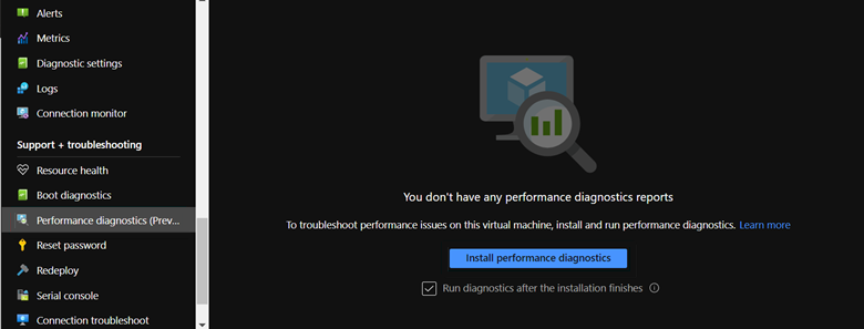 Screenshot del pulsante Installa diagnostica delle prestazioni nell'opzione Diagnostica delle prestazioni.