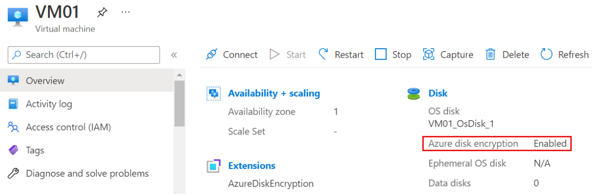 Screenshot del pannello di panoramica per una V M nel portale di Azure che mostra che È abilitato A D E sul disco.