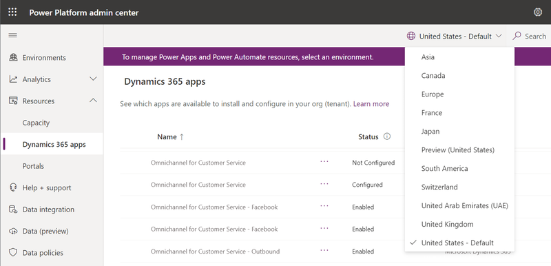 Screenshot che mostra come modificare l'area nell'interfaccia di amministrazione di Power Platform.