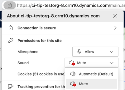 Screenshot che mostra come abilitare le autorizzazioni audio selezionando Automatic(Default) dopo aver selezionato l'opzione Disattiva audio in Microsoft Edge.