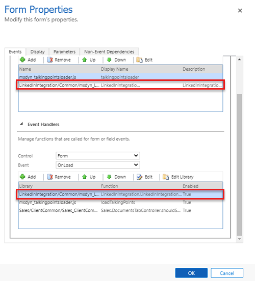 Screenshot dell'aggiunta della libreria e della funzione LinkedIn al modulo.