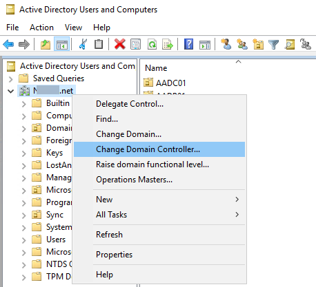 Screenshot dell'opzione Cambia controller di dominio di Active Directory.