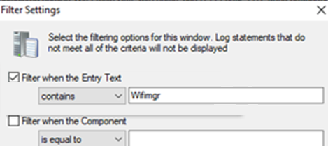 Screenshot che mostra il filtro CMTrace per cercare i profili di configurazione WiFiMgr nei dispositivi Android.