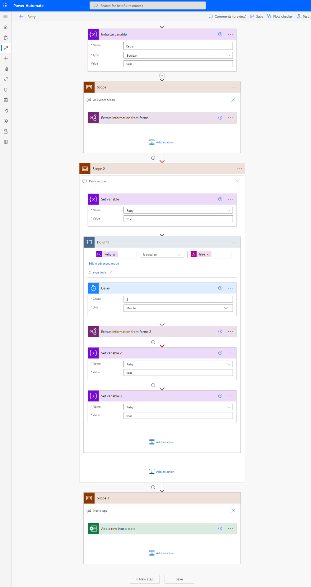 Screenshot della logica di ripetizione dei tentativi in un flusso cloud di Power Automate, esempio 1.