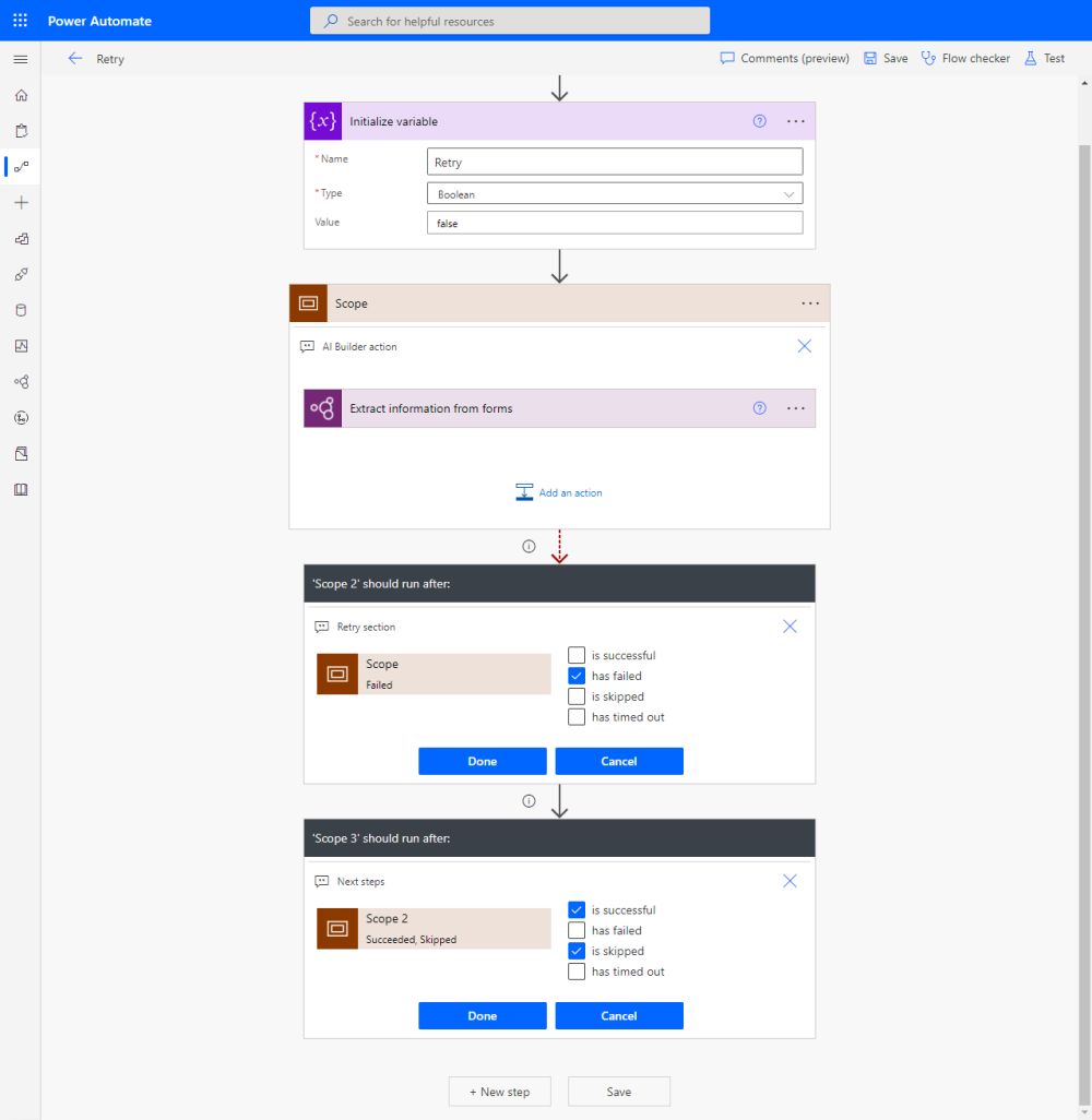 Screenshot della logica di ripetizione dei tentativi in un flusso cloud di Power Automate, esempio 2.