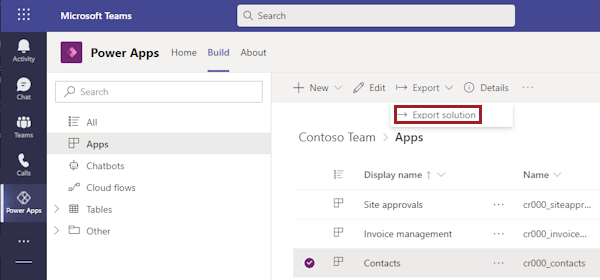 Screenshot che mostra l'elenco delle app. Viene selezionata un'app e il pulsante di comando per Esporta soluzione è evidenziato nella barra dei menu superiore.