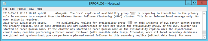 Screenshot del log degli errori di SQL Server nel caso 3.