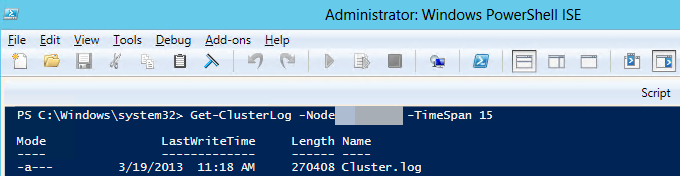 Screenshot del log del cluster di Windows in Windows PowerShell.