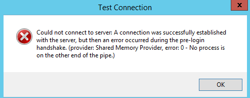 Screenshot di un errore di connessione di test dopo l'aggiornamento dei provider client a una versione che supporta TLS 1.2.