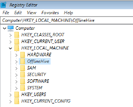 Screenshot dell'editor del Registro di sistema con l'opzione OfflineHive selezionata.