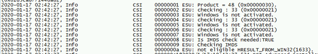 Screenshot di un esempio di voci di log CBS per la chiave di Windows nell'intervallo di chiavi di Windows Embedded, che contiene l'output precedente.