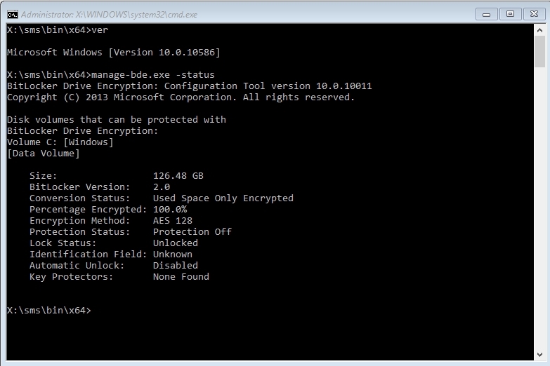 Screenshot dell'output del comando di stato bde dopo aver usato il passaggio della sequenza di attività, che mostra che il metodo di crittografia è nuovamente impostato su AES 128.