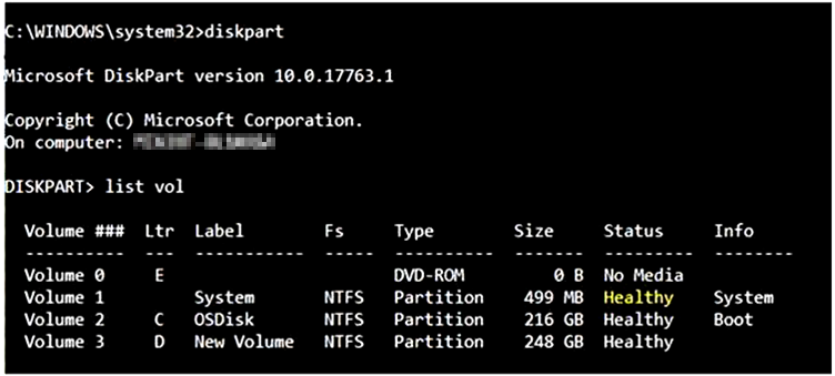 Screenshot dell'output del comando list volume da Diskpart.