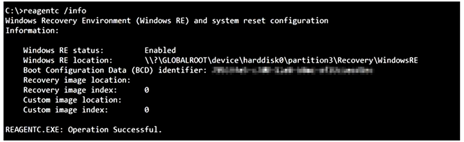 Screenshot dell'output del comando reagentc.exe /info.