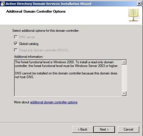 Screenshot della finestra installazione guidata Dominio di Active Directory Services con la casella di controllo Server DNS e Controller di dominio di sola lettura disattivata.