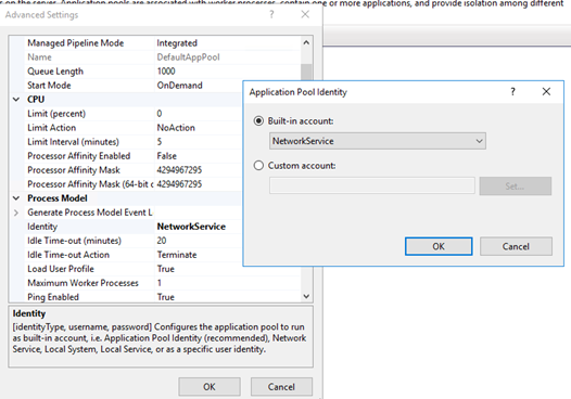 Configurare l'identità del pool di applicazioni come account NetworkService predefinito.