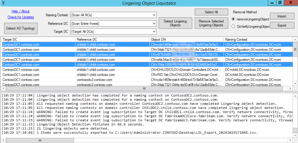 Screenshot della finestra Lingering Object Liquidator con il pulsante Rimuovi per rimuovere un singolo oggetto.