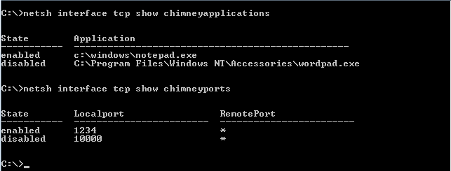 Screenshot dell'output del comando netsh che mostra le impostazioni del camino.