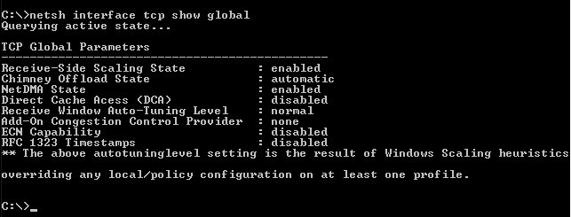 Screenshot dell'output del comando tcp show globale dell'interfaccia netsh.