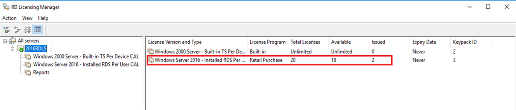 Gestione licenze Desktop remoto, che mostra un server licenze configurato correttamente.