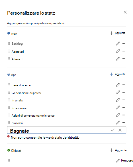 Screenshot che mostra le opzioni di stato predefinite e gli stati personalizzati.