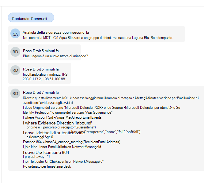 Screenshot che mostra i commenti informali tra gli analisti.