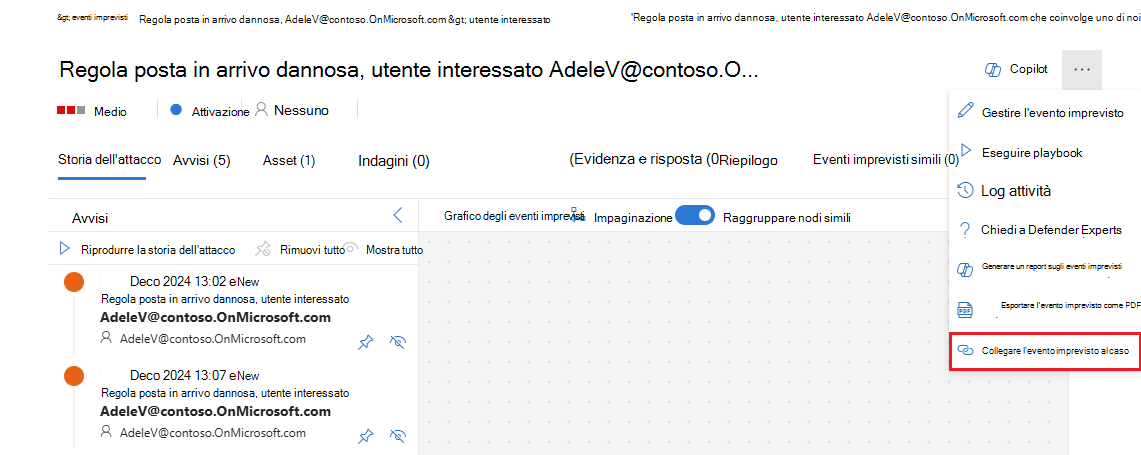 Screenshot che mostra l'opzione di collegamento imprevisto dal menu puntini di sospensione nella visualizzazione eventi imprevisti.