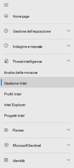 Screenshot che mostra il nuovo posizionamento del menu per Microsoft Sentinel intelligence sulle minacce.