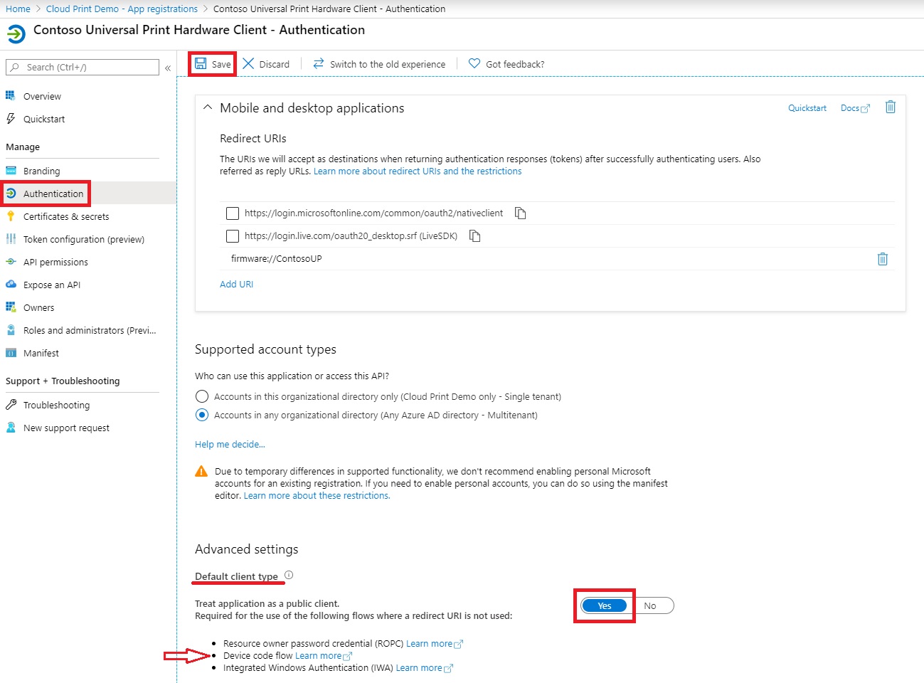 configure app auth setting