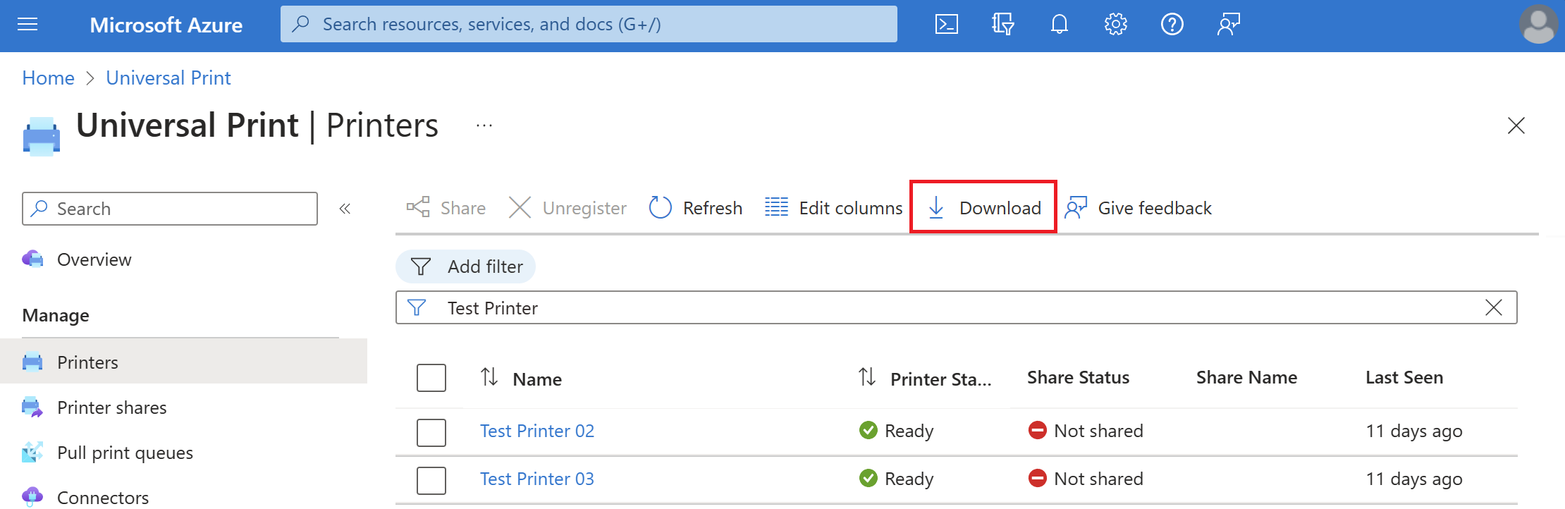 Screenshot del pulsante di download CSV nel portale di Azure